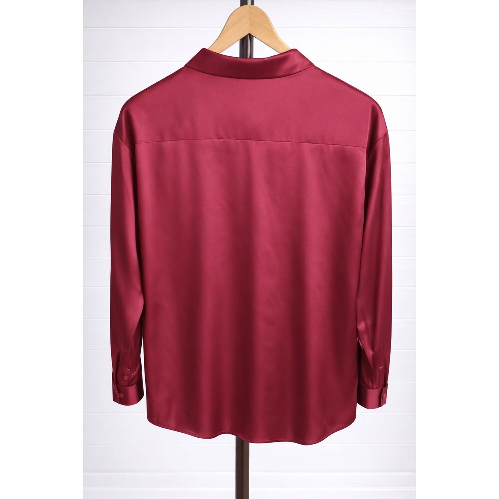 Chigant Burgundy Satin Silky Long Sleeve Collared Blouse L - Picture 2 of 5
